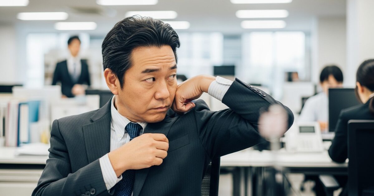 オフィスで脇の臭いを気にするスーツの男性
