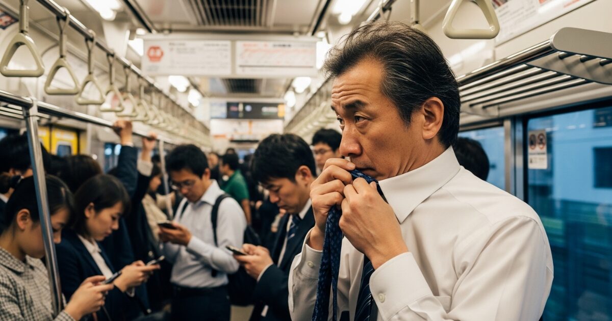 満員電車でネクタイに付いた臭いを気にする会社員