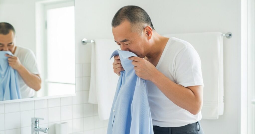 洗面所でシャツの臭いを確認する男性