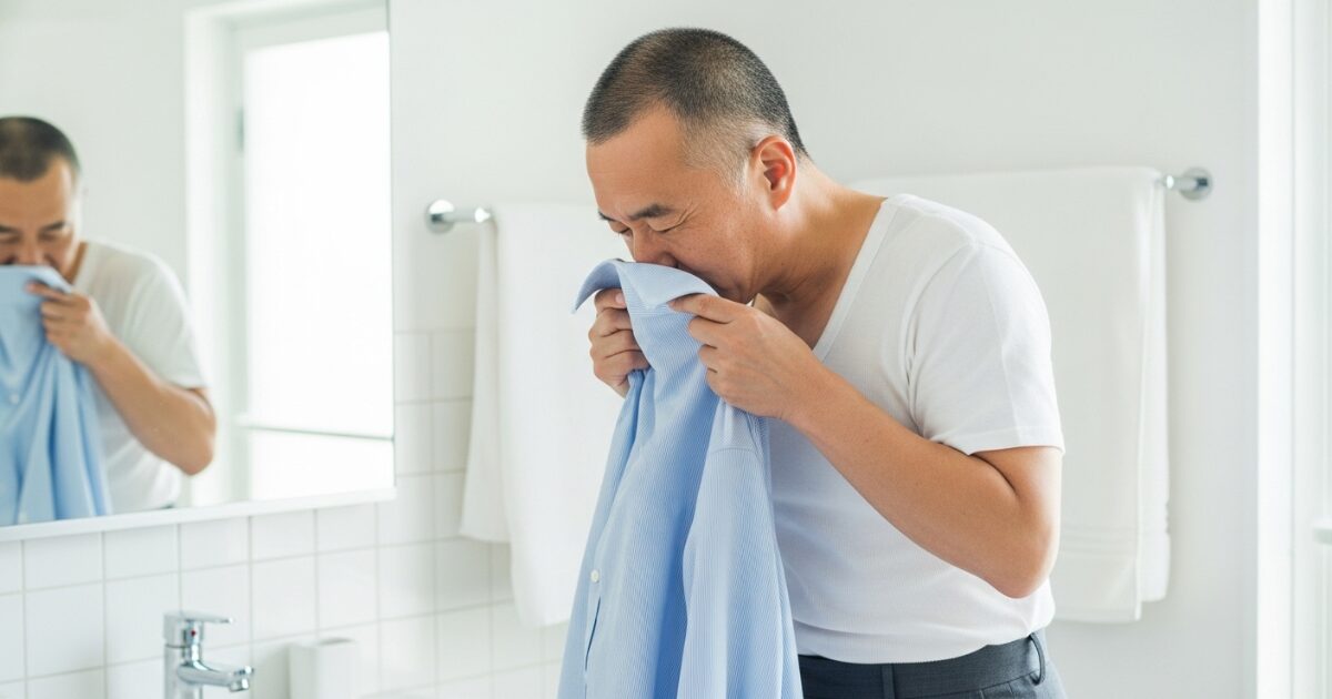 洗面所でシャツの臭いを確認する男性