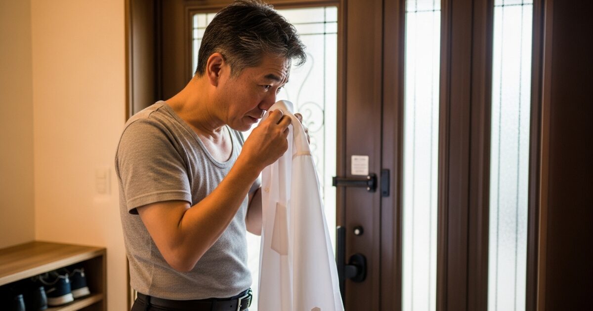 玄関でワイシャツの体臭を気にする中年男性