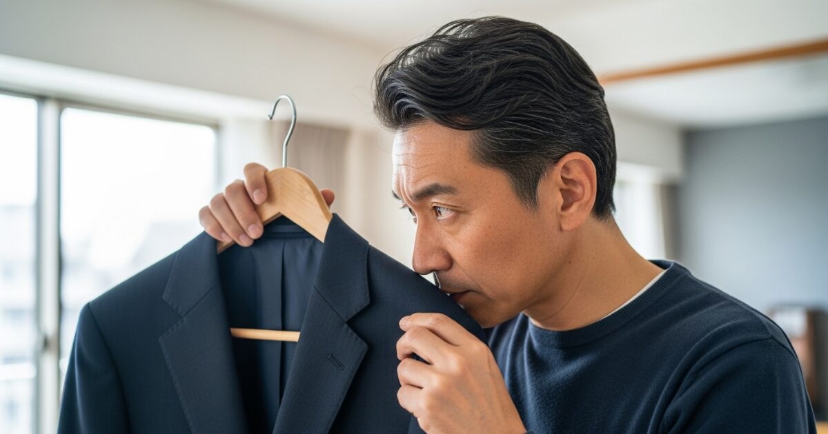 スーツを嗅いで臭いを確認する男性の横顔