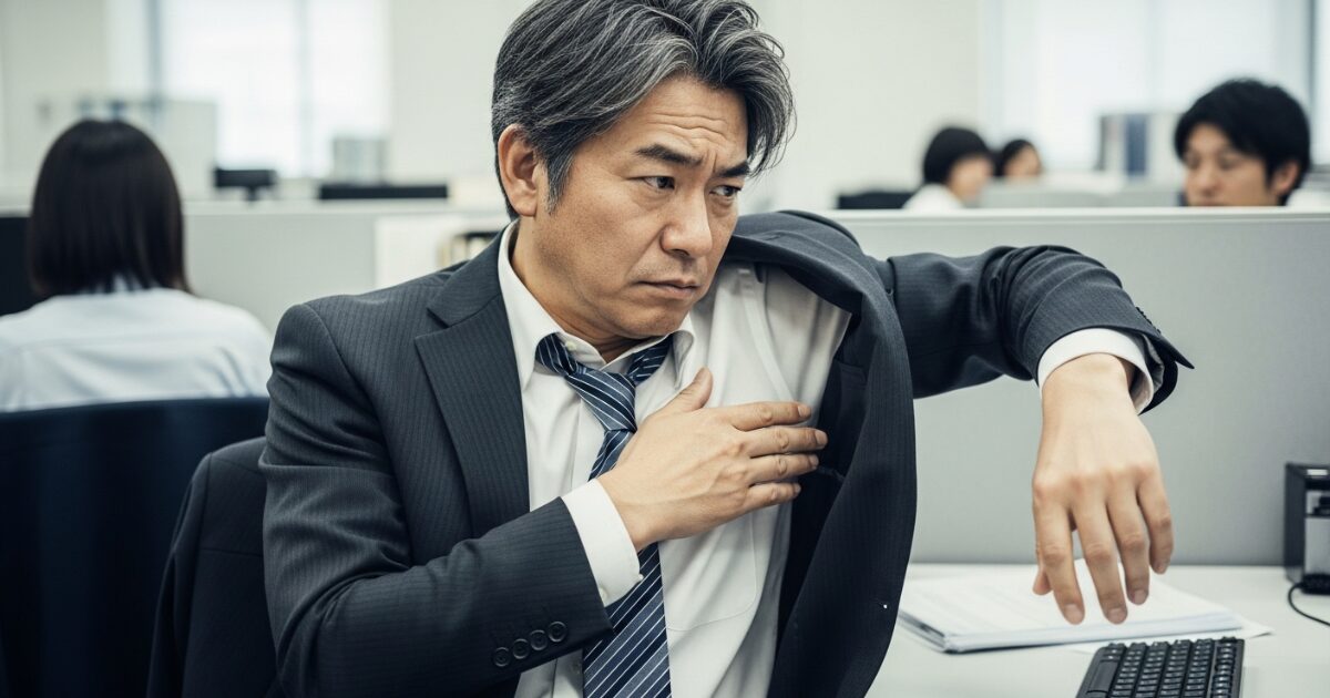 オフィスで脇の臭いを気にするスーツ姿の男性