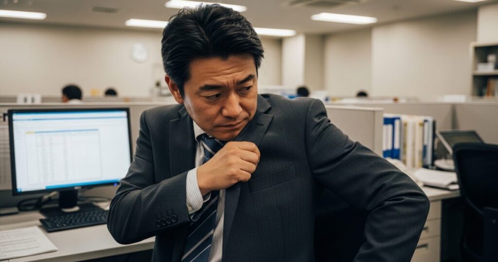 職場で体臭を気にして腕を確認するビジネスマン