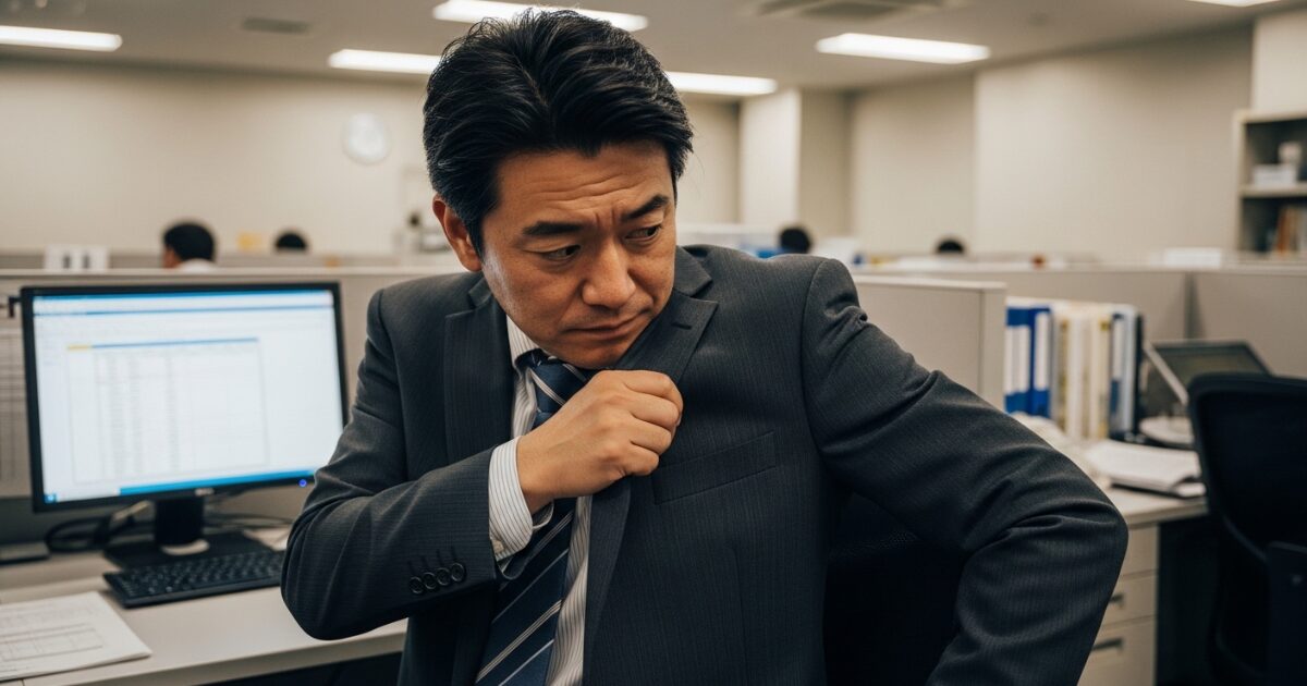 職場で体臭を気にして腕を確認するビジネスマン