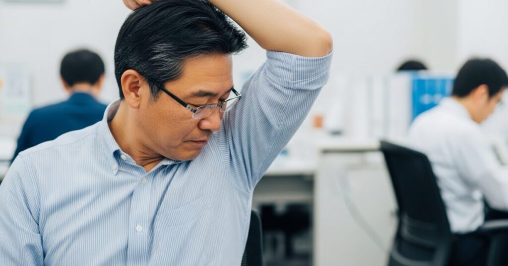 職場で脇の臭いを確認する中年男性の悩み