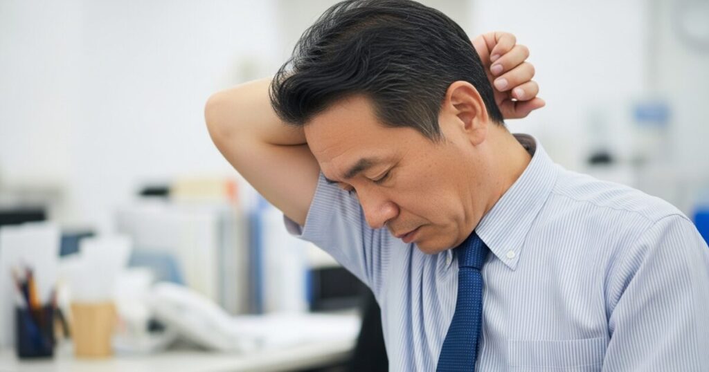 デスクワーク中に体臭を気にして落ち込むビジネスマン