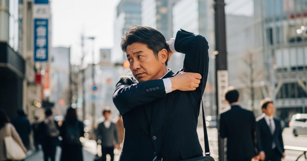 街中で脇の臭いを気にするスーツ姿の男性
