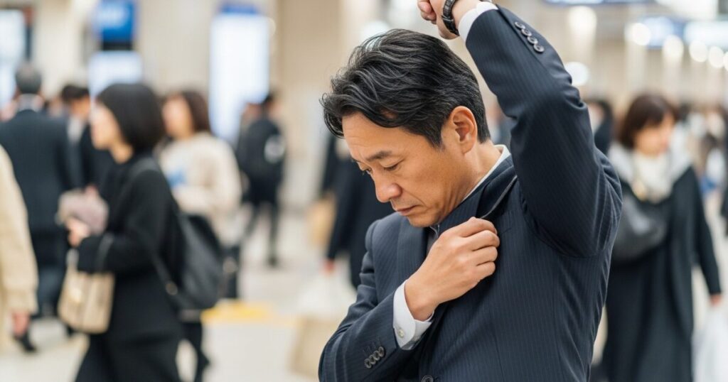 人混みの中で脇の臭いを気にするスーツの男性
