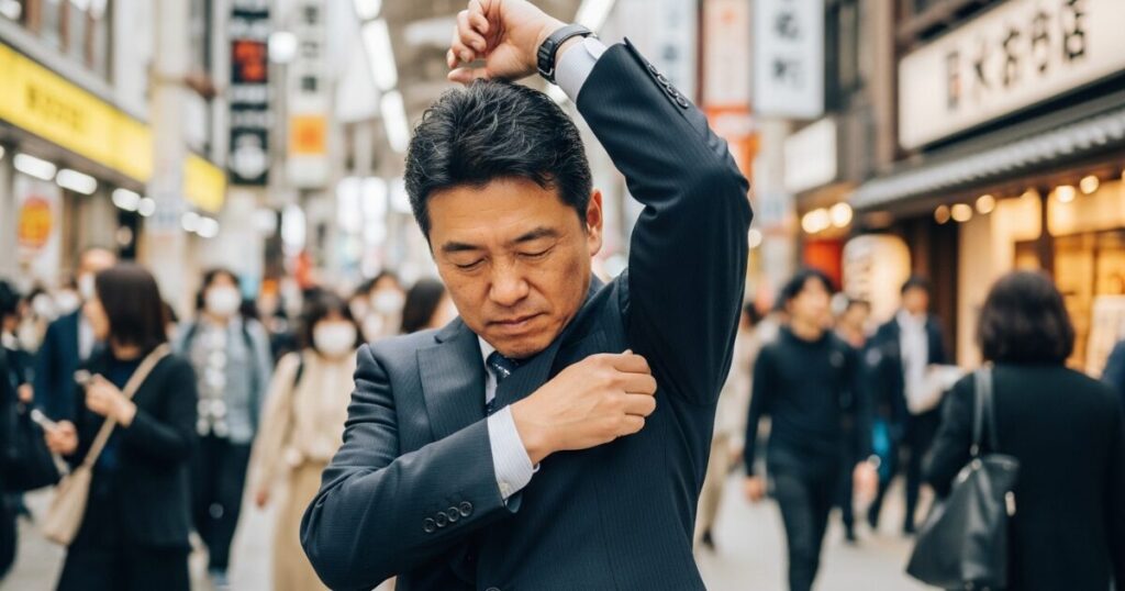 繁華街で体臭を気にして脇を確認するビジネスマン
