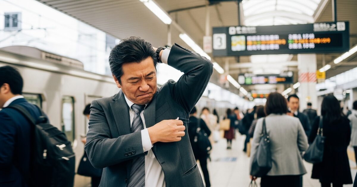 駅ホームで脇の臭いに悩むスーツ姿の男性