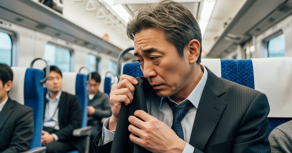 電車内で上着の臭いを確認する不安そうな男性