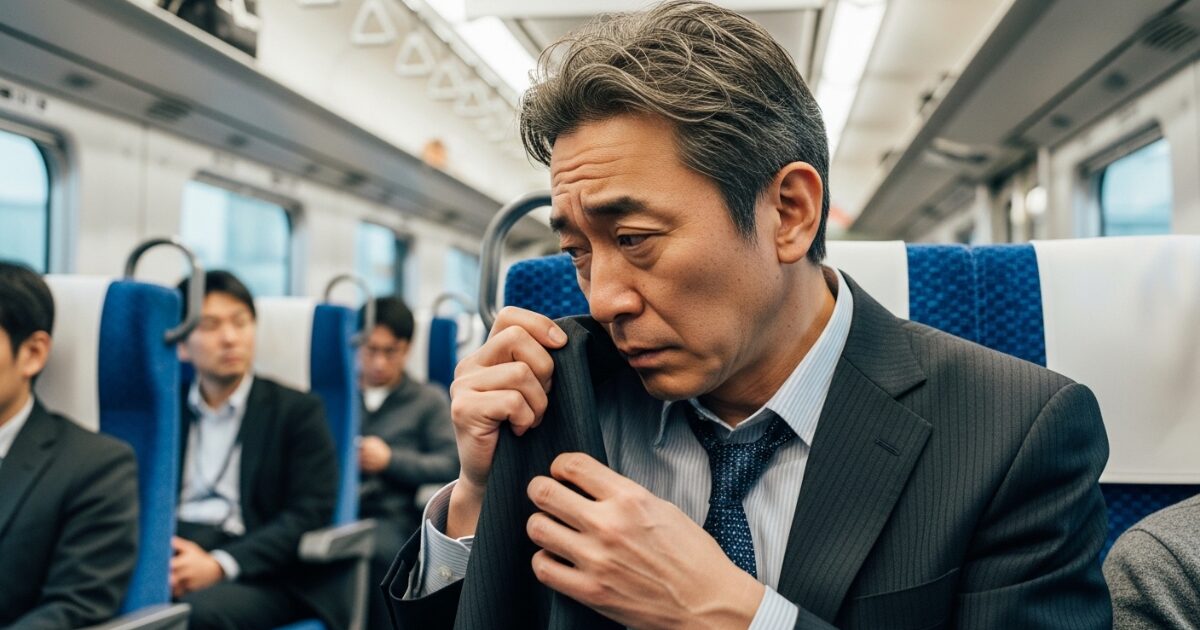 電車内で上着の臭いを確認する不安そうな男性