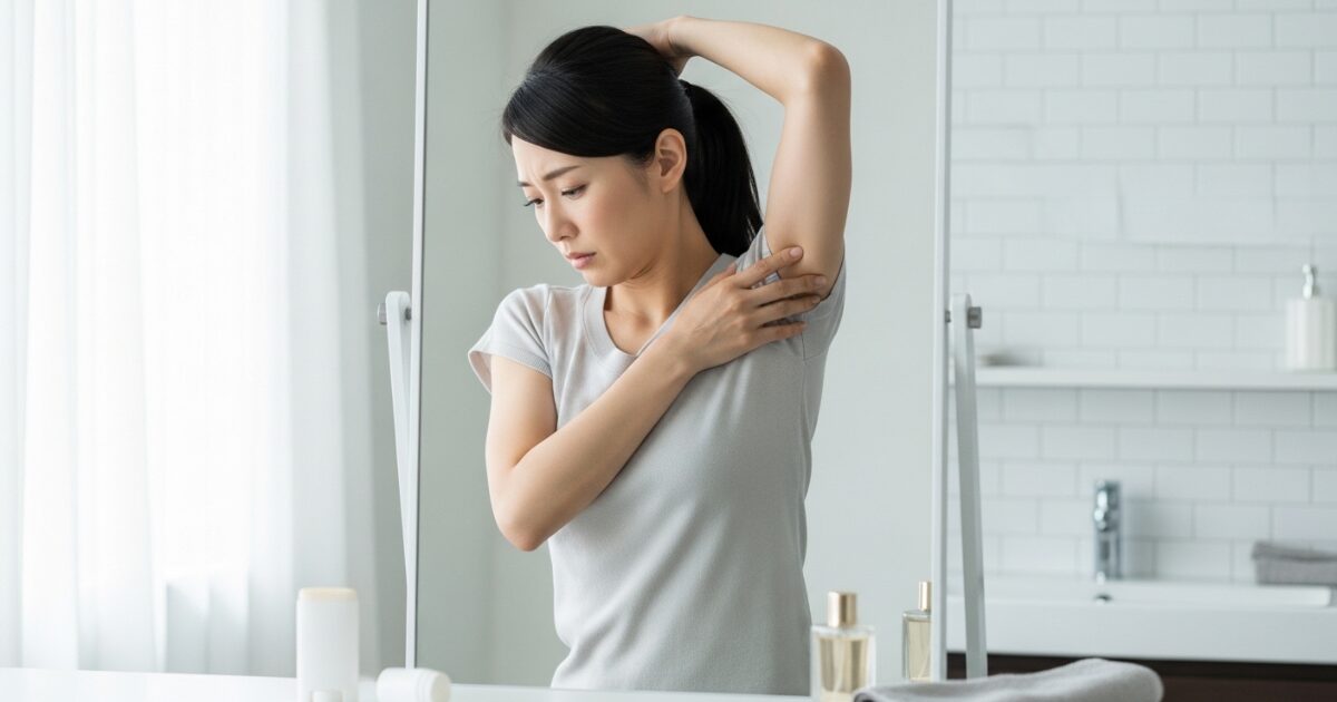 脇のにおいを気にして鏡の前で確認する女性
