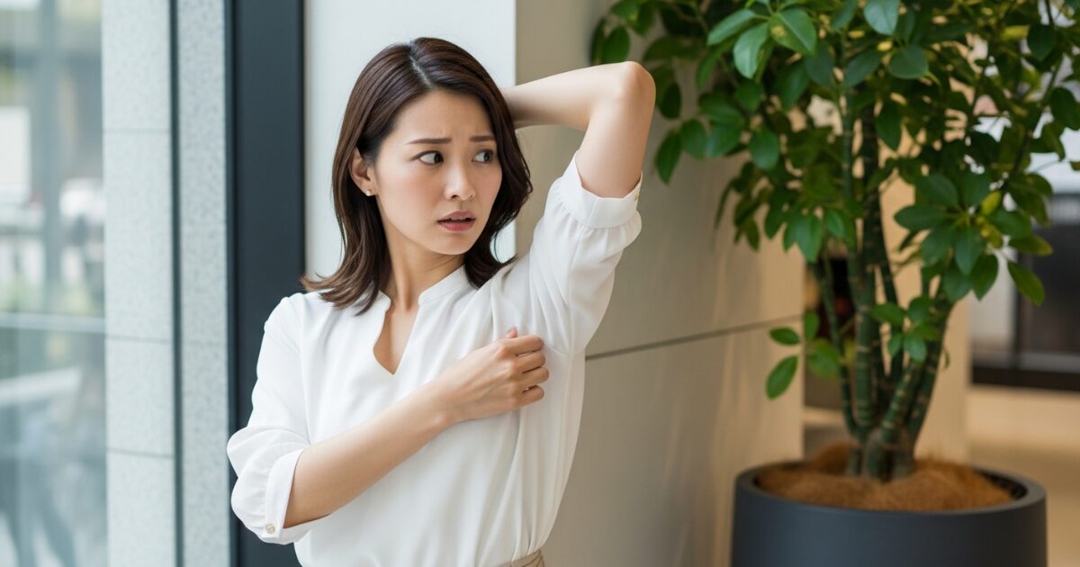 オフィスで脇のにおいを気にする女性 身だしなみチェック