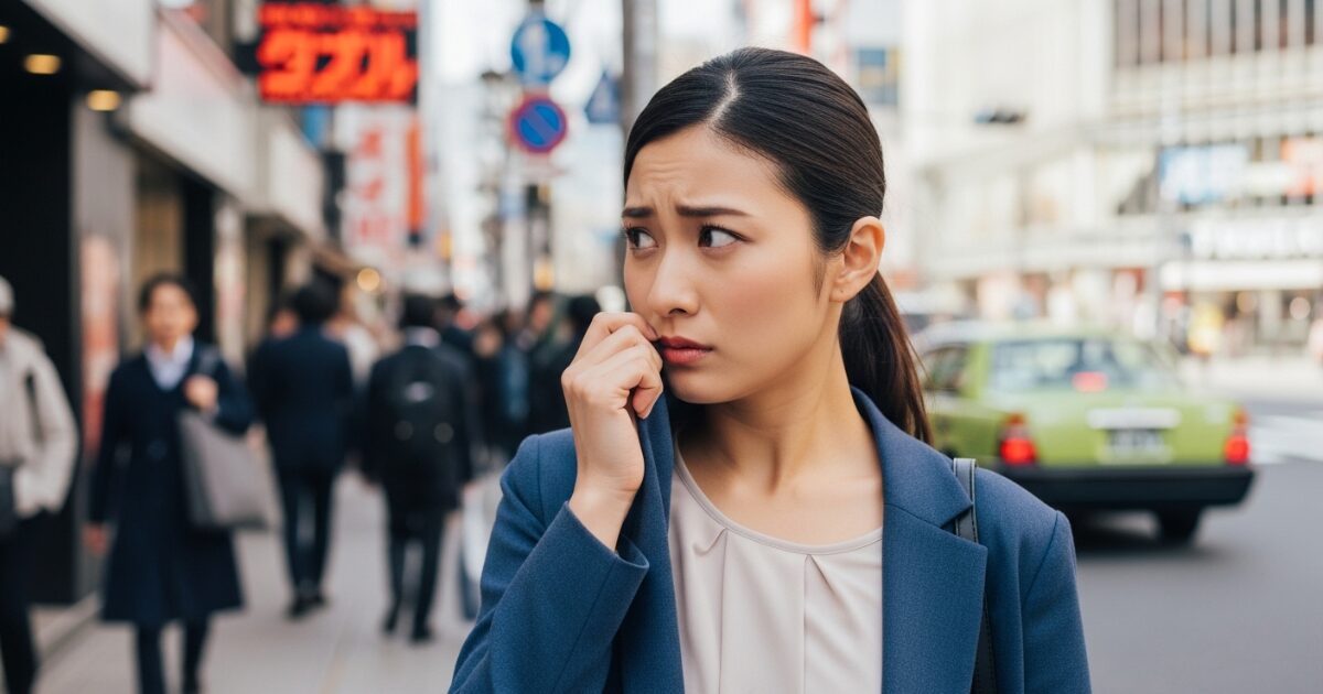 街中で体臭を気にして服のにおいを確認する女性