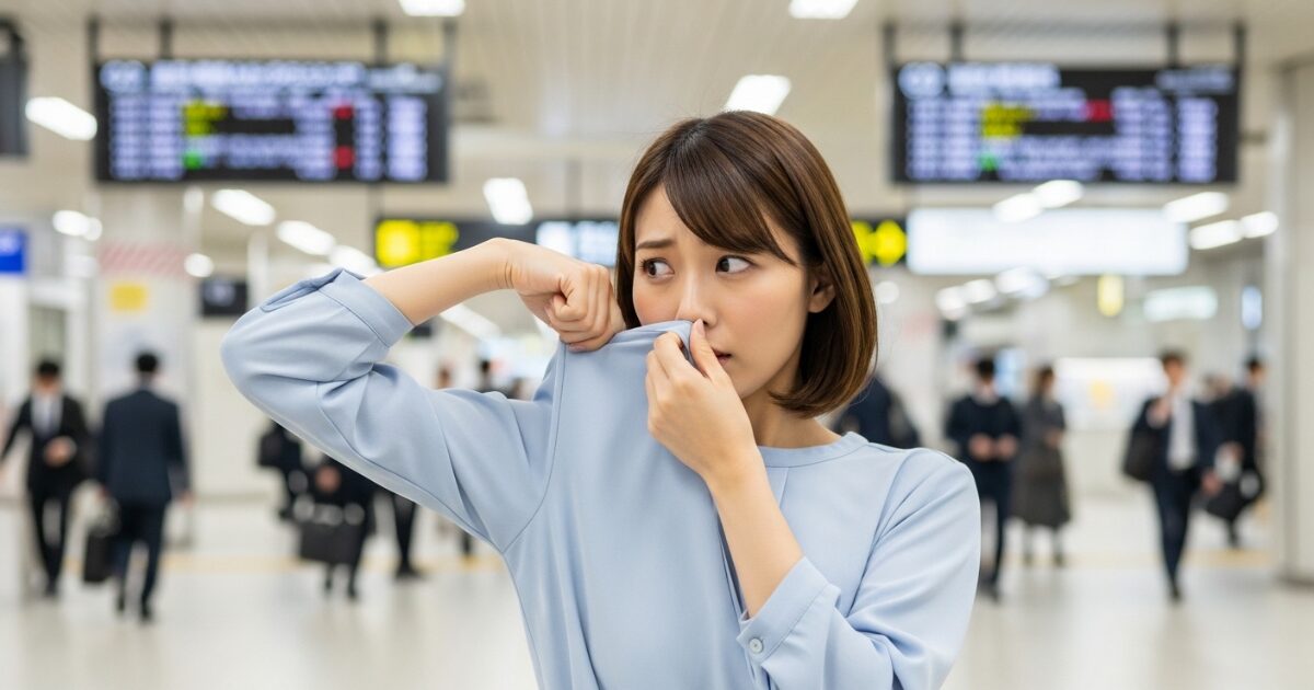 駅構内で脇のにおいを気にして服を嗅ぐ女性