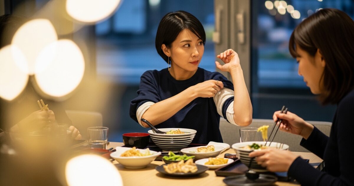 食事中に腕のにおいを気にする女性