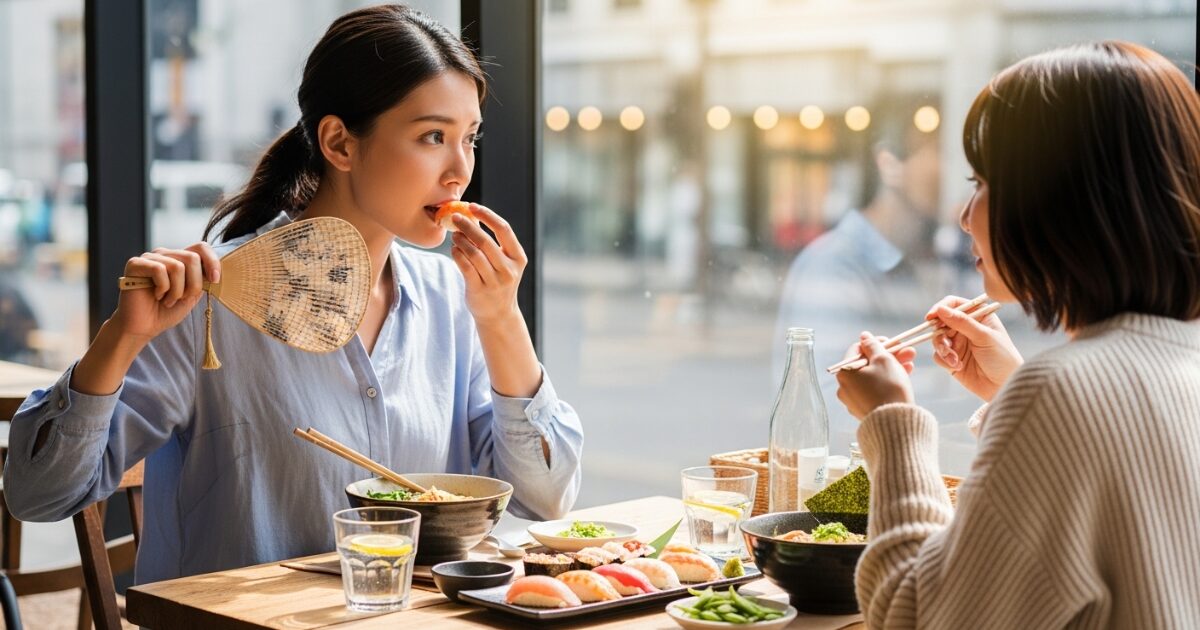 寿司を食べながらうちわで涼む女性 夏の食事シーン