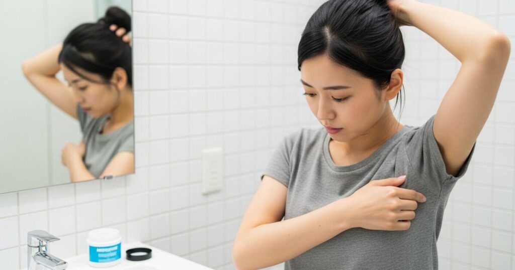 洗面所で脇のにおいをチェックする女性 身だしなみ確認