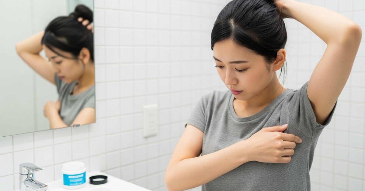 洗面所で脇のにおいをチェックする女性 身だしなみ確認