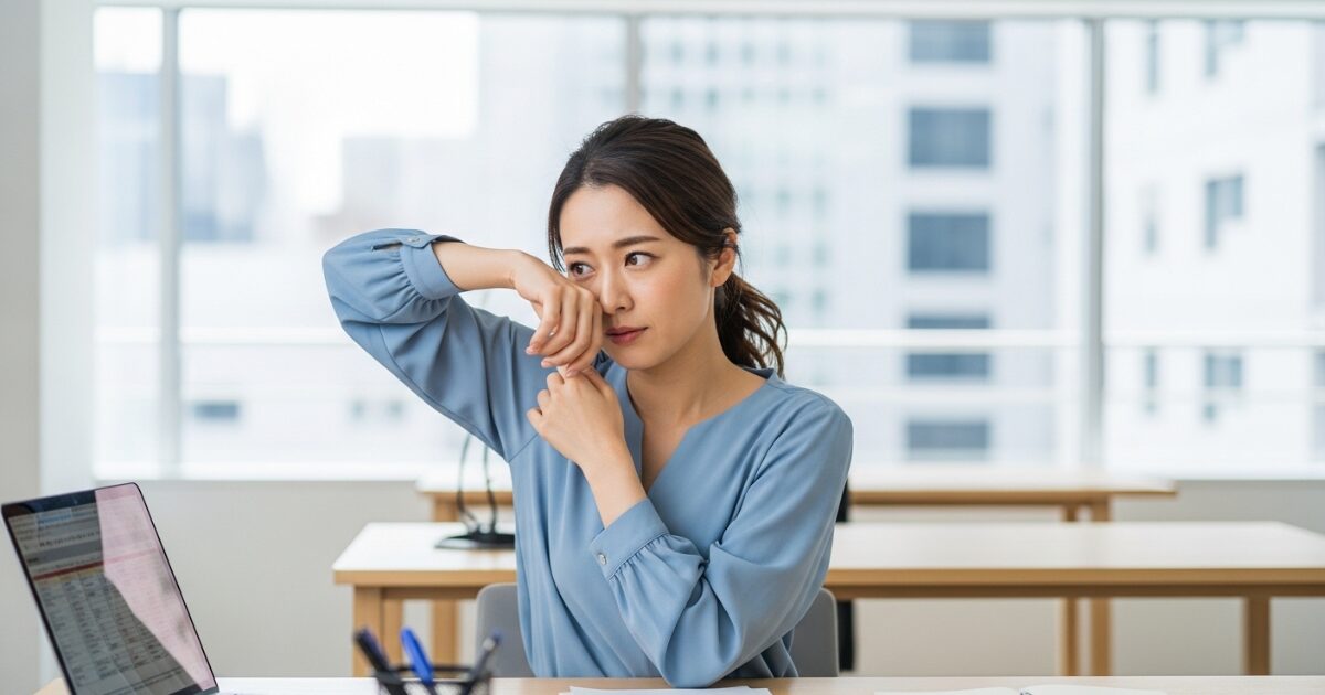 オフィスで体臭を気にして腕のにおいを確認する女性