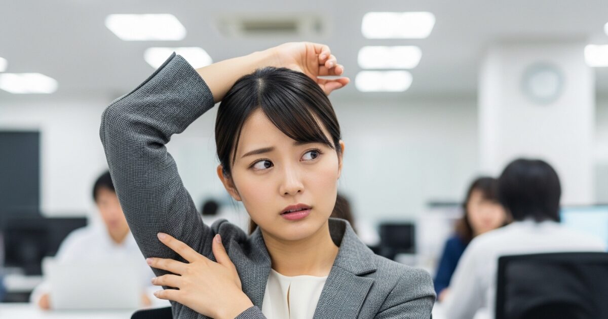職場で脇のにおいを気にして不安そうな女性