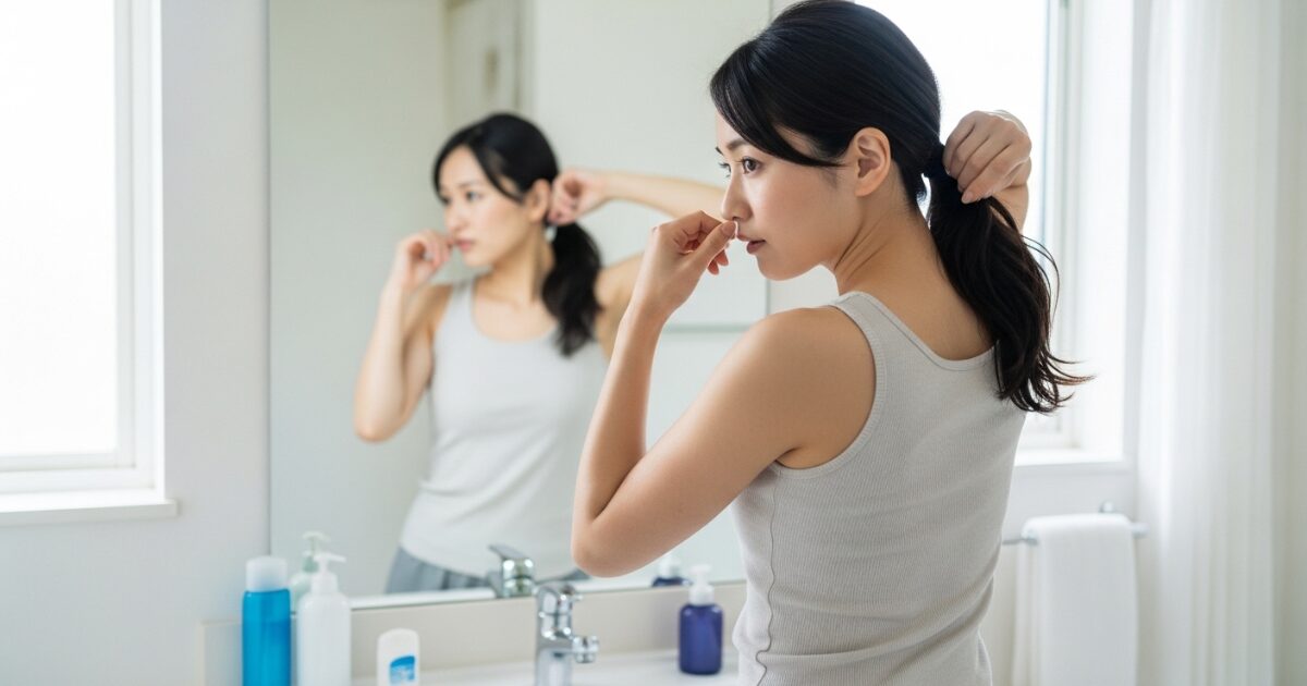 体臭を気にして鼻を押さえながら鏡で身だしなみを整える女性