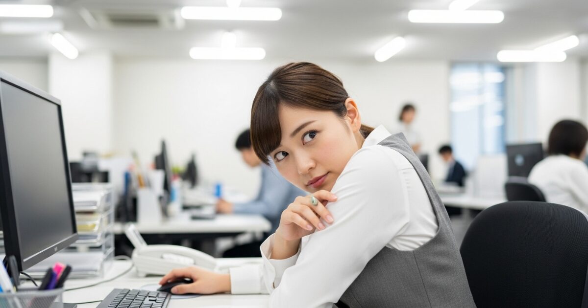 オフィスで肩のにおいを気にして振り返る女性