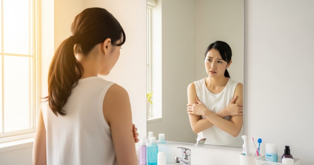 体臭の悩みで不安そうに鏡を見る女性