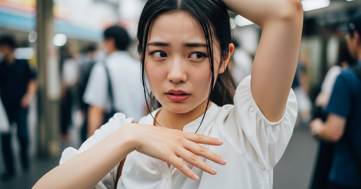 公園のベンチで肩のにおいを気にする女性