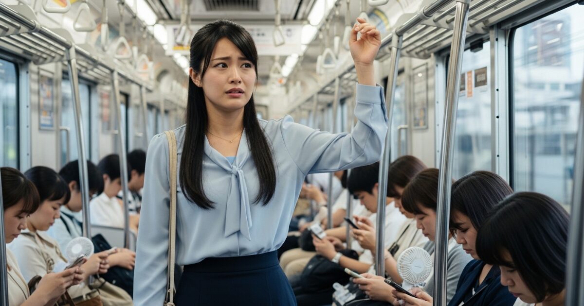 通勤中に脇のにおいを気にする女性