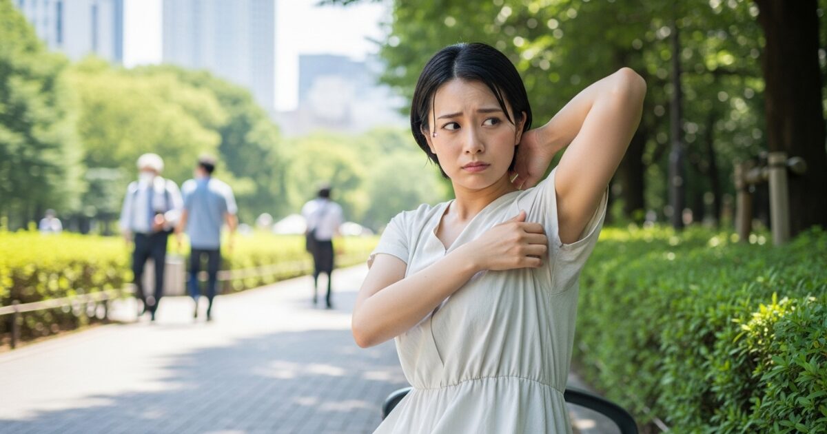 公園で脇のにおいを気にして確認する女性