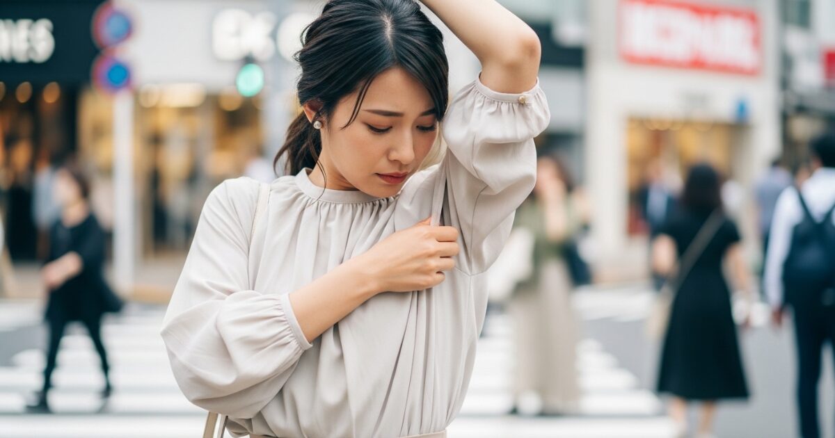 街中で脇のにおいを気にして確認する女性