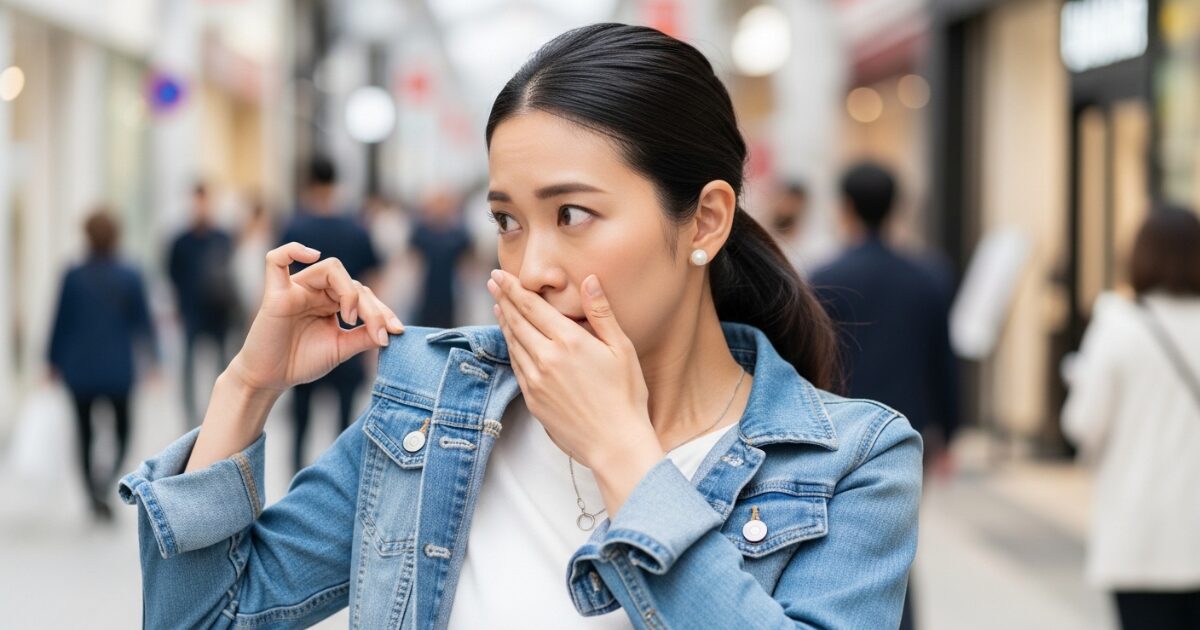 体臭を気にして口元を押さえる女性 外出先の不安な表情