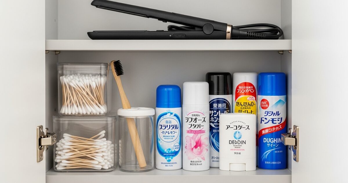洗面所収納に整然と並ぶヘアアイロン綿棒歯ブラシと制汗スプレー