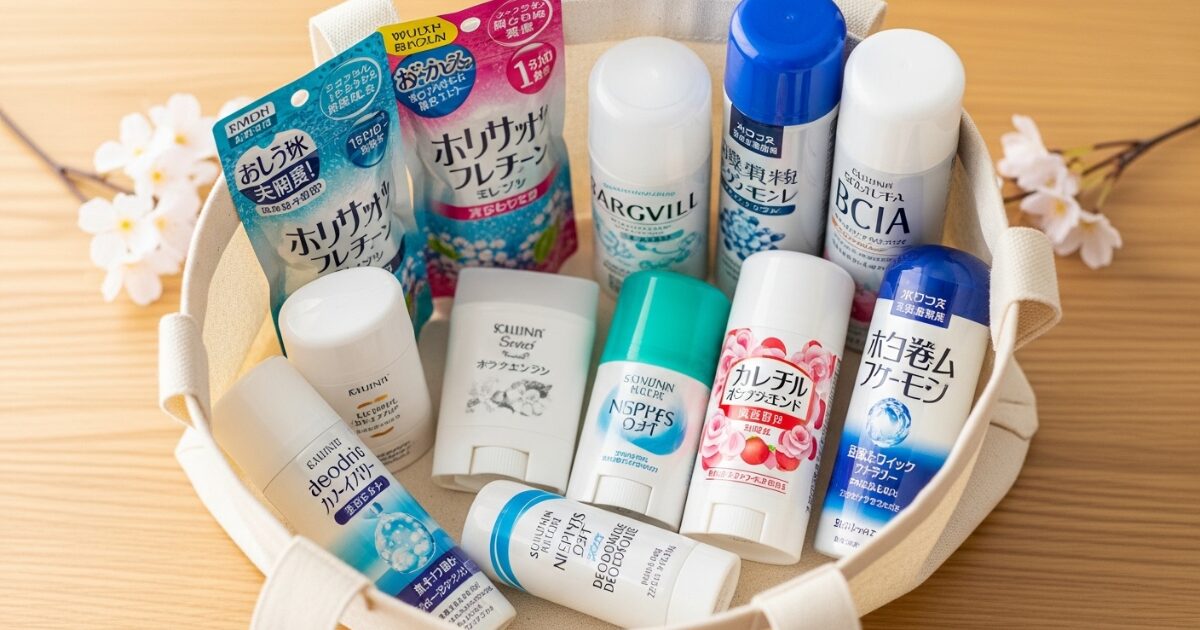 制汗剤やデオドラント商品がバスケットにまとめられた比較イメージ