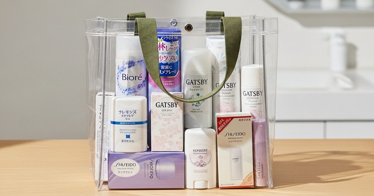 透明バッグに収納されたデオドラント用品とスキンケア商品のセット