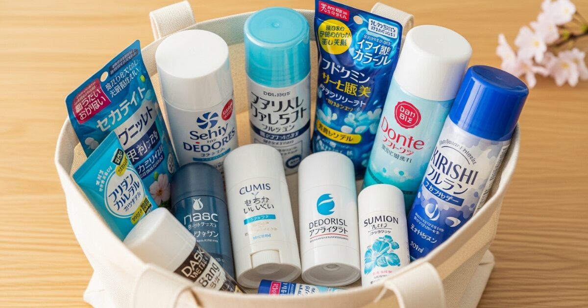 さまざまなデオドラント製品がバスケットに並ぶ比較用イメージ