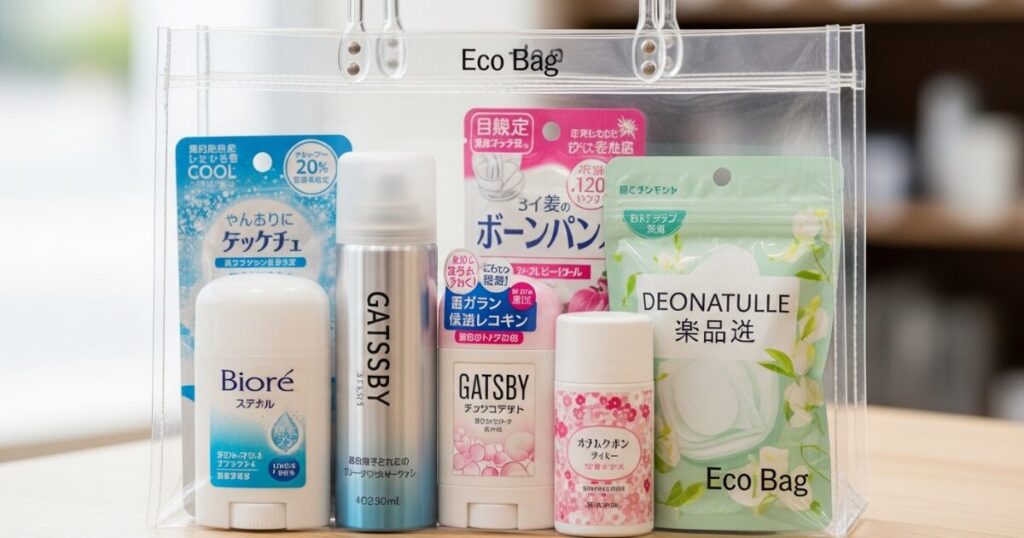 クリアポーチに入ったデオドラントスプレーとボディケア用品
