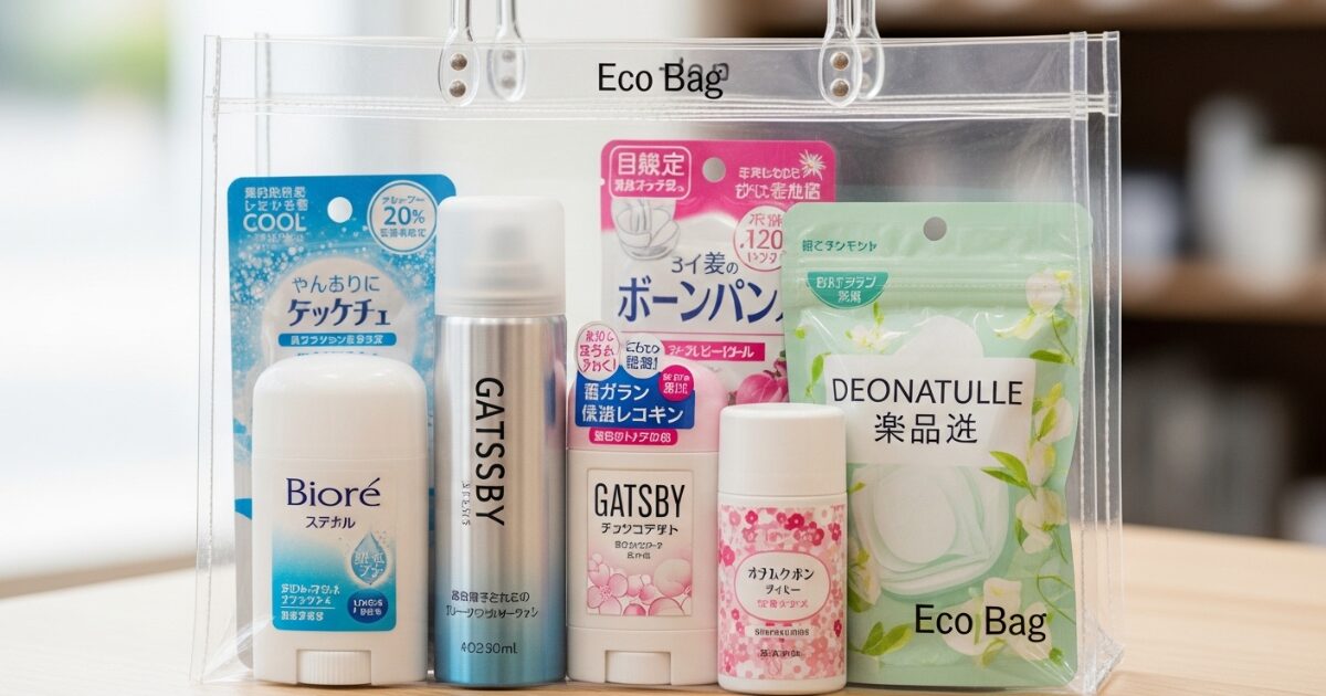 クリアポーチに入ったデオドラントスプレーとボディケア用品