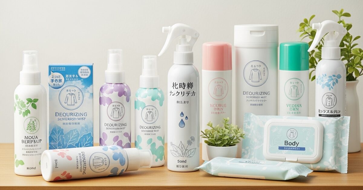 消臭スプレーやボディシートなどデオドラント商品の一覧展示