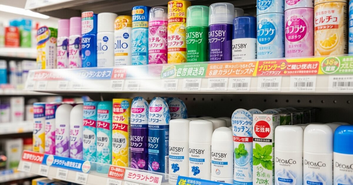 店舗の売り場に陳列されたカラフルなデオドラント商品の比較