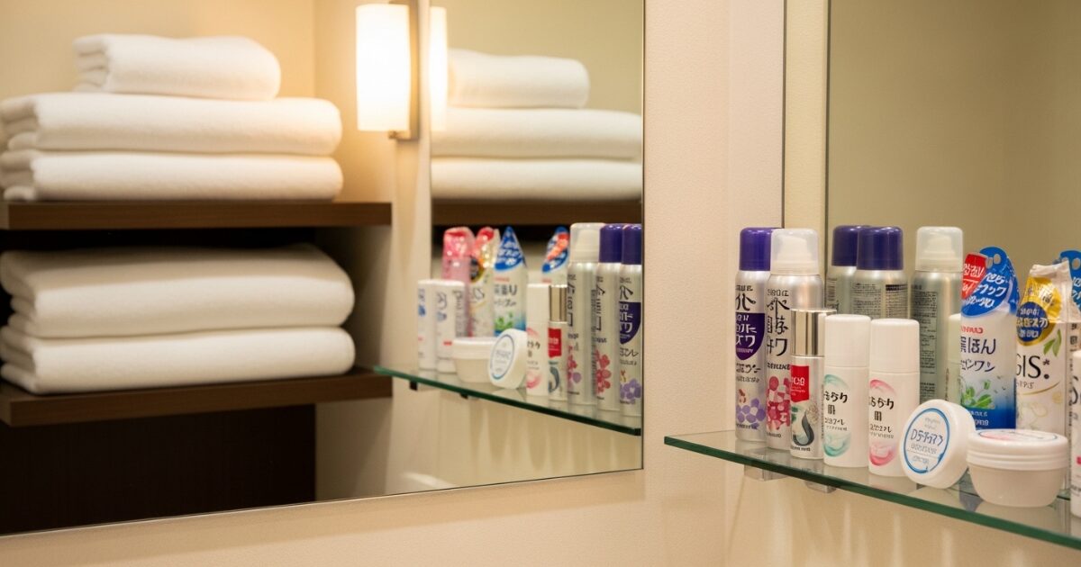 ホテル風の洗面台ミラー棚に並ぶアメニティとタオルの収納