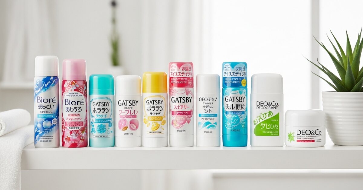 洗面スペースに並べた複数ブランドのデオドラント製品と観葉植物