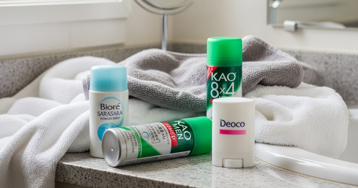 洗面台カウンターに置かれたタオルとデオドラント製品のセット