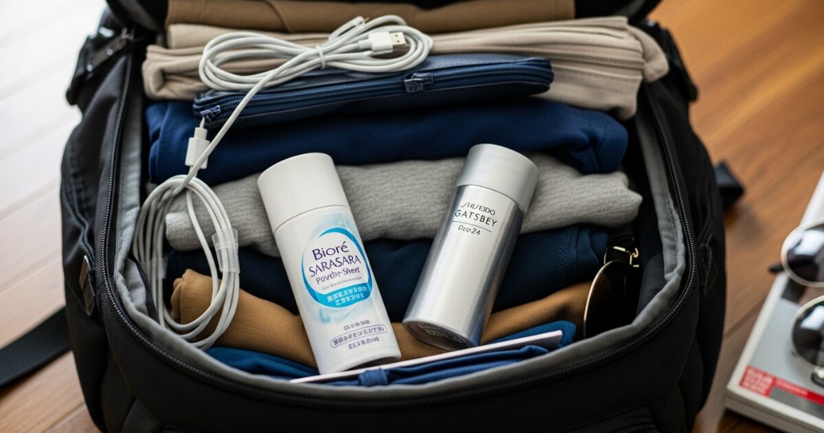 衣類を詰めたスーツケースに入った制汗スプレーと旅行準備の様子