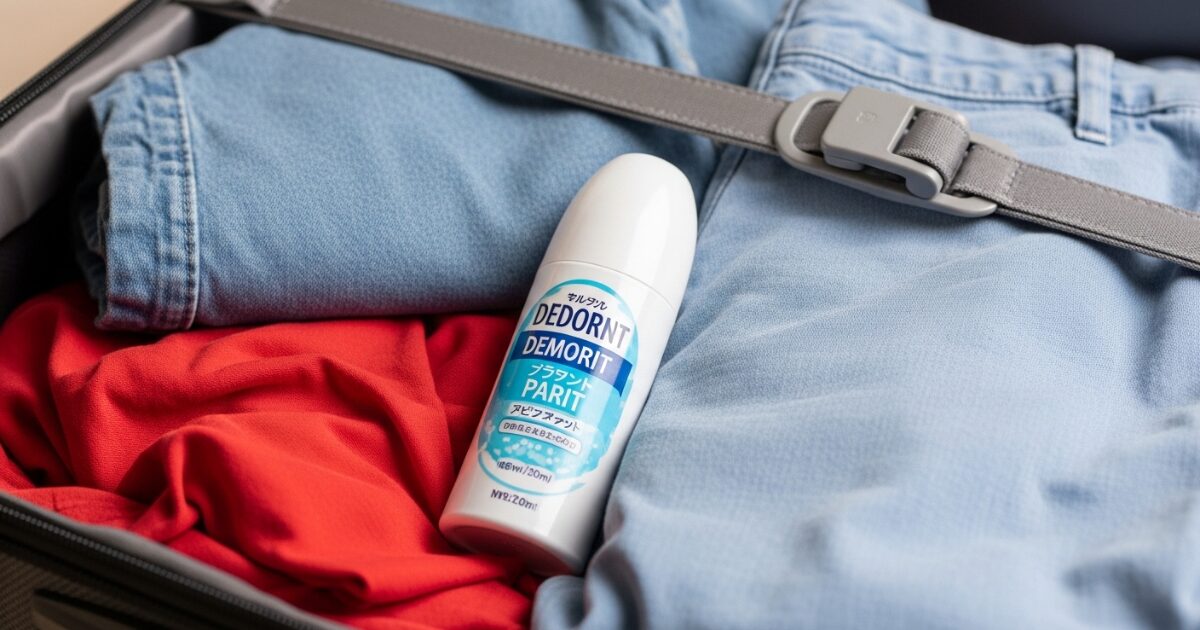スーツケースの中の衣類とロールオンデオドラントの携帯シーン
