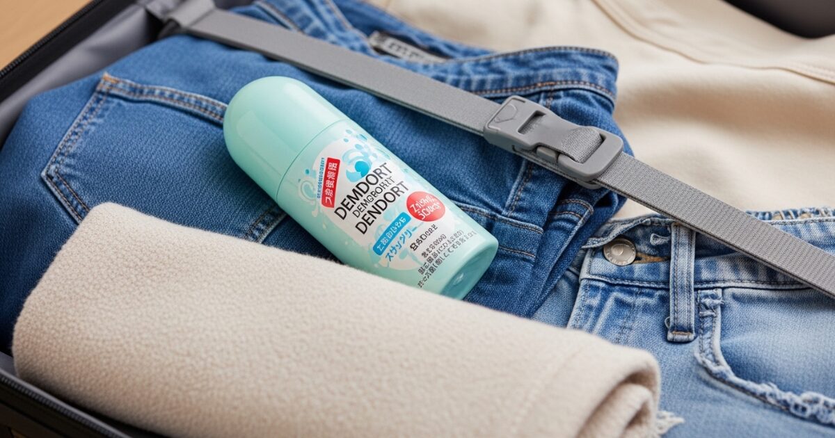 スーツケースに入れた衣類と携帯用デオドラントスプレーの旅行準備