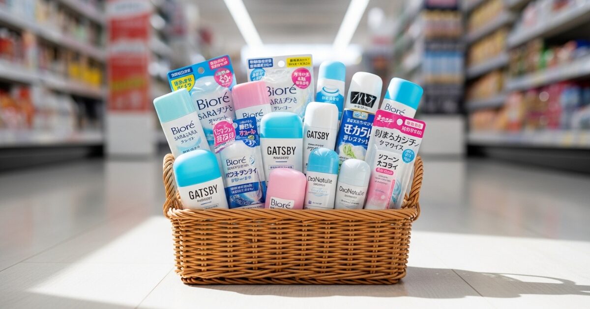 店内の棚前でバスケットに入った各種デオドラント商品の陳列